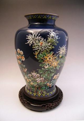 EARLY 20TH CENTURY CLOISONNE VASE WITH BIRD AND CHRYSANTHEMUMS<br><font color=red><b>SOLD</b></font>
