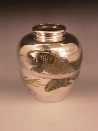 JAPANESE 20TH CENTURY PURE SILVER KOI DESIGN VASE<br><font color=red><b>SOLD</b></font>