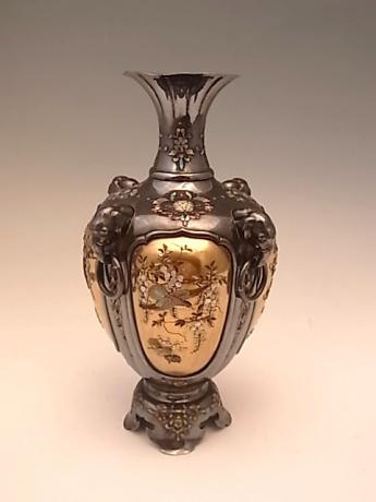 JAPANESE MEIJI PERIOD PURE SILVER AND LACQUER SHIBAYAMA VASE<br><font color=red><b>SOLD</b></font> 