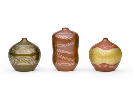 JAPANESE 21ST CENTURY INLAID BRONZE VASES (3) <br><font color=red><b>SOLD</b></font> 