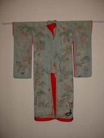 MID 19TH CENTURY EMBROIDERED FURISODE KIMONO<br><font color=red><b>SOLD</b></font>