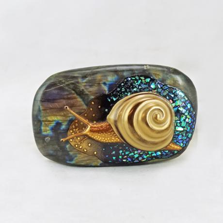 Japanese Lacquered Labrodite Stone - Snail Design by Okada Shihoh (1948-2022)