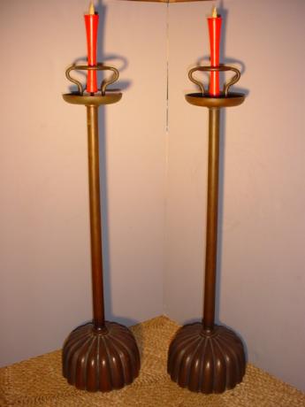 JAPANESE L. 19TH CENTURY PAIR OF BRONZE CANDLESTICKS<br><font color=red><b>SOLD</b></font>