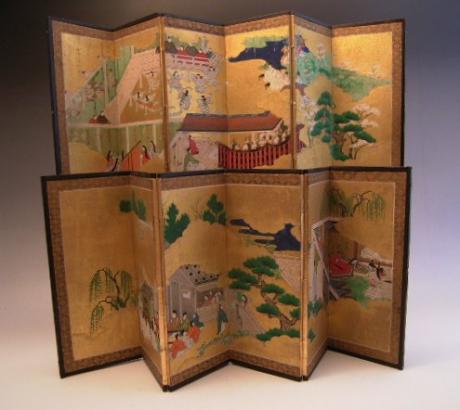 JAPANESE EARLY 20TH CENTURY MINIATURE PAIR OF HANDPAINTED SCREENS<br><font color=red><b>SOLD</b></font>