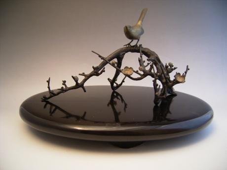 JAPANESE EARLY 20TH CENTURY BRONZE PLUM BRANCH AND NIGHTINGALE OKIMONO<br><font color=red><b>SOLD</b></font> 