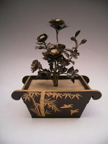JAPANESE MEIJI PERIOD GILDED FLOWER ARRANGEMENT WITH LACQUER PLANTER