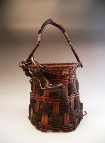 JAPANESE EARLY 20TH CENTURY BAMBOO AND WOOD BARK FLOWER BASKET<br><font color=red><b>SOLD</b></font>