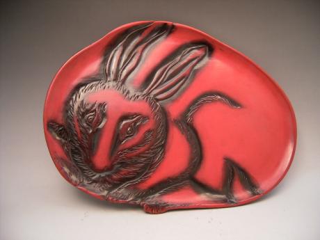 JAPANESE 20TH CENTURY RABBIT DESIGN RED LACQUER TRAY<br><font color=red><b>SOLD</b></font>