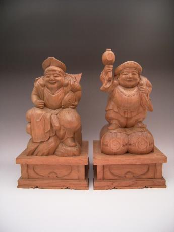 JAPANESE MID 20TH CENTURY WOODEN CARVINGS OF DAIKOKU AND EBISU<br><font color=red><b>SOLD</b></font>