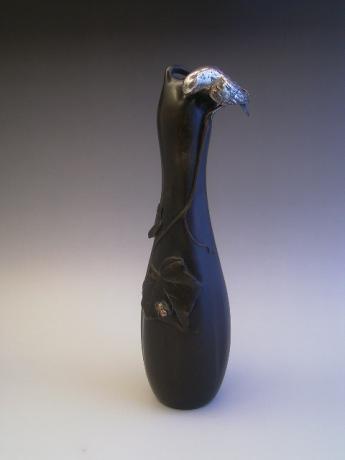 JAPANESE MEIJI PERIOD BRONZE VASE WITH SILVER CLAD BIRD<br><font color=red><b>SOLD</b></font> 