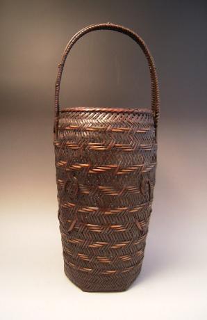 JAPANESE EARLY 20TH CENTURY BAMBOO FLOWER BASKET, SIGNED<br><font color=red><b>SOLD</b></font> 