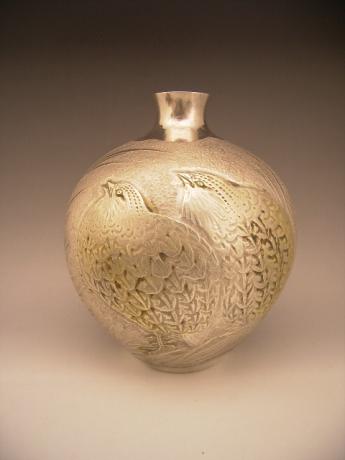 JAPANESE MID 20TH CENTURY SILVER VASE WITH QUAIL DESIGN<br><font color=red><b>SOLD</b></font>