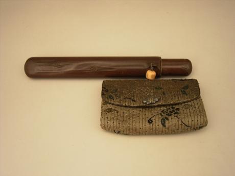 JAPANESE MEIJI PERIOD TOBACCO POUCH AND KISERUZUTSU PIPE CASE<br><font color=red><b>SOLD</b></font>