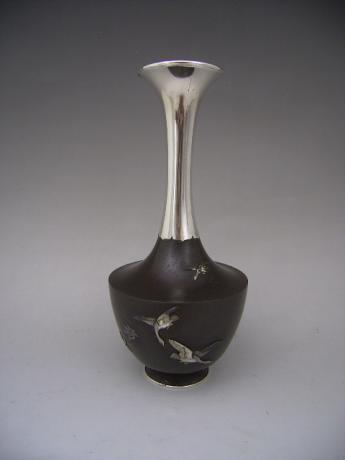 JAPANESE LATE MEIJI PERIOD IRON VASE WITH SILVER NECK AND INLAID DESIGN<br><font color=red><b>SOLD</b></font>