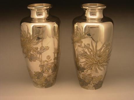 JAPANESE CIRCA 1900 PAIR OF SILVER VASES WITH CHRYSANTHEMUM DESIGN<br><font color=red><b>SOLD</b></font>
