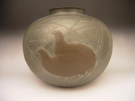 NEW ACQUISITION! JAPANESE 20TH CENTURY BRONZE QUAIL AND FLORAL DESIGN VASE BY SHIMADA SOUGO<br><font color=red><b>SOLD</b></font>