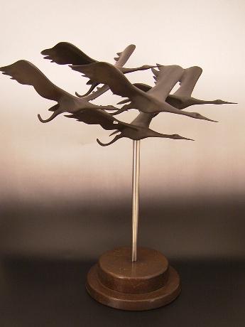 JAPANESE MID 20TH CENTURY BRONZE SCULPTURE OF FLYING CRANES<br><font color=red><b>SOLD</b></font>