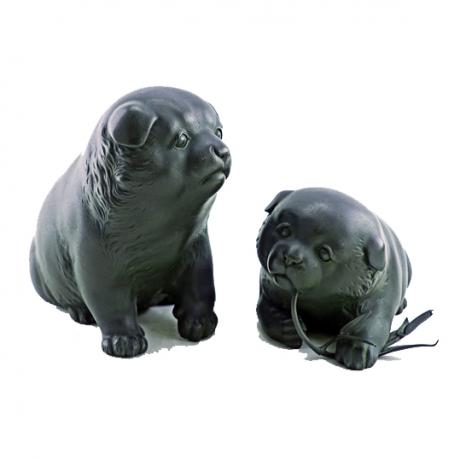 Japanese Early 20th Century Bronze Okimono of Two Puppies by Takahashi Ryoun<br><font color=red><b>SOLD</b></font>
